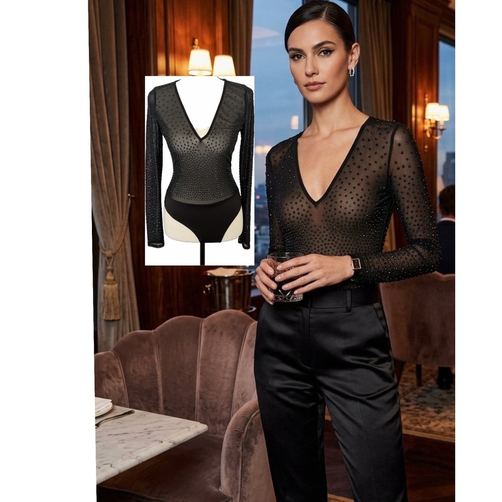 Windsor Black Rhinestone Sheer Mesh V-Neck Long Sleeve Bodysuit L Dark Academia